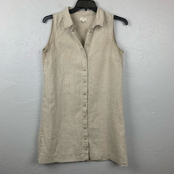 Garnet Hill Shirt Dress Linen Tan Sleeveless Collared Neutral Size 10 - Picture 1 of 11
